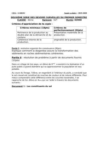 Première page de SVT 4e — 2e devoir surveillé, 1er semestre (2019-2020) · CEG GAROU