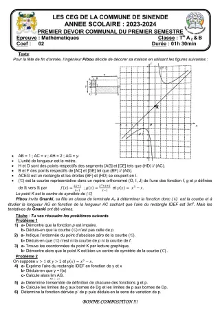 Première page de Mathématiques Tle A2 — Composition, 1er semestre (2023-2024) · CEG SEKERE