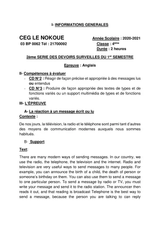 Première page de Anglais 4e — 2e devoir surveillé, 1er semestre (2020-2021) · CEG LE NOKOUE
