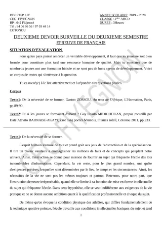 Première page de Français 2nde A2, 2nde B, 2nde C, 2nde D — 2e devoir surveillé, 2e semestre (2019-2020) · CEG FIYEGNON