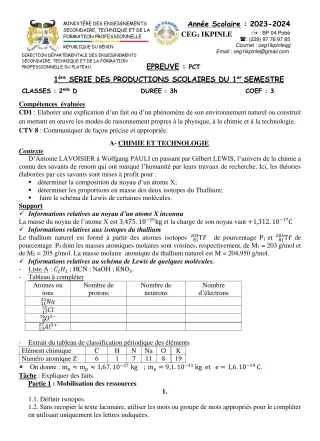Première page de PCT 2nde D — 1re production scolaire, 1er semestre (2023-2024) · CEG1 Ikpinlè