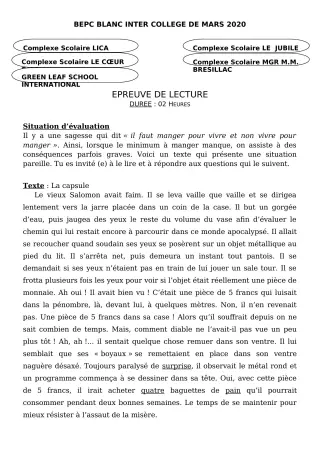 Première page de Examen Blanc de FRANCAIS — 3e, 3e ML — CPEG LICA (2019)