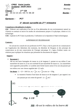Première page de PCT 1ère D — 1er devoir surveillé, 2e trimestre (2020-2021) · CPEG SAINT Justin