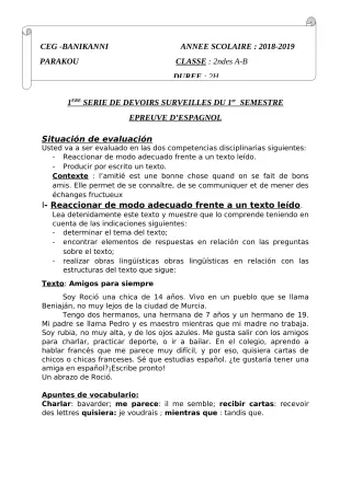 Première page de Espagnol 2nde A2, 2nde B — 1er devoir surveillé, 1er semestre (2018-2019) · CEG Banikanni