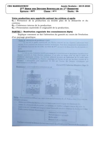 Première page de SVT 4e ML&MC — Devoir surveillé, 1er semestre (2019-2020) · CEG MAREGOUROU