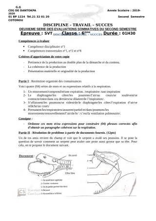 Première page de SVT 6e, 5e, 3e, 3e ML, 2nde A, 2nde B, 2nde C, 2nde D, 1ère A, 1ère B, 1ère C, 1ère D, Tle A1, Tle A2, Tle B, Tle C, Tle D — 2e évaluation sommative, 2e semestre (2019-2020) · CEG Dantokpa