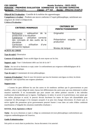 Première page de Philosophie 2nde A2 — 1re évaluation sommative, 2e semestre (2022-2023) · CEG SEKERE