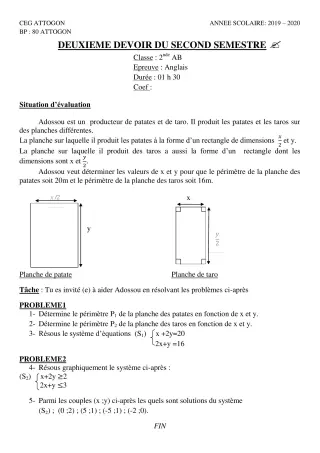 Première page de Mathématiques 2nde A & B, 2nde A1, 2nde A2, 2nde B — 2e devoir surveillé, 2e semestre (2019-2020) · CEG Attogon