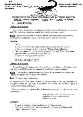 Première page de Histoire-Géographie 3e, 3e ML — 1re évaluation sommative, 1er semestre (2019-2020) · CEG Dantokpa