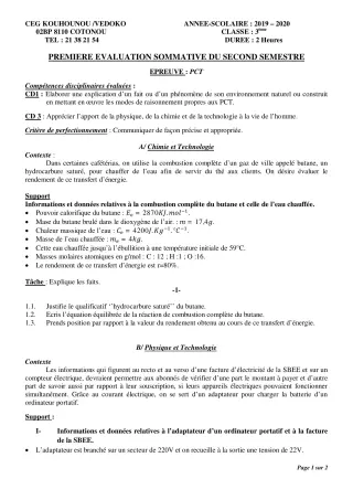 Première page de PCT 3e — 1re évaluation sommative, 2e semestre (2019-2020) · CEG Kouhounou-Vêdoko