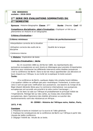Première page de Histoire-Géographie 3e, 3e ML — 1re évaluation sommative (2018-2019) · CEG BENSEKOU