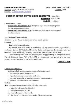 Première page de Anglais 6e — 1er devoir surveillé, 3e trimestre (2021-2022) · CPEG MARIA-CAROLE