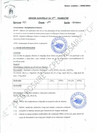 Première page de PCT 5e — 1er devoir surveillé (2020-2021) · CPEG ROSAIRE