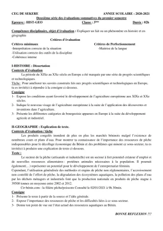 Première page de Histoire-Géographie 3e, 3e ML — 2e évaluation sommative, 1er semestre (2020-2021) · CEG SEKERE