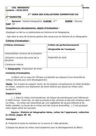 Première page de Histoire-Géographie 4e ML — 1re évaluation sommative (2018-2019) · CEG BENSEKOU