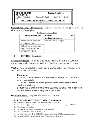 Première page de Histoire-Géographie 1ère C, 1ère D — 1er devoir surveillé, 2e semestre (2018-2019) · CEG OKEDAMA