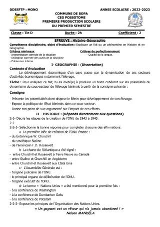 Première page de Histoire-Géographie Tle D — 1re production scolaire, 1er semestre (2022-2023) · CEG POSSOTOME