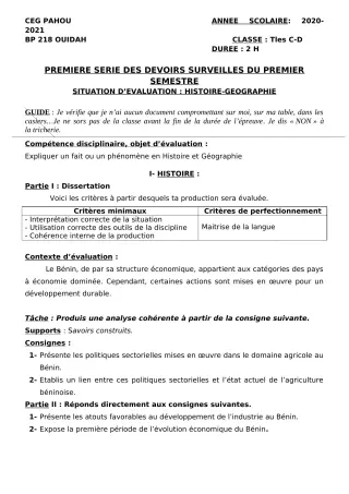 Première page de Histoire-Géographie Tle C, Tle D — 1er devoir surveillé, 1er semestre (2020-2021) · CEG PAHOU