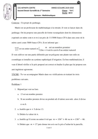 Première page de Mathématiques Tle C — 2e devoir surveillé, 1er semestre (2019-2020) · CEG 1 Akpakpa-Centre