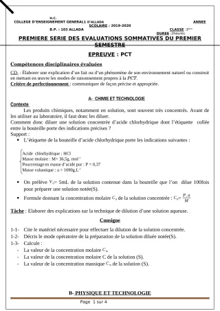 Première page de PCT 6e, 5e, 4e, 3e, 2nde C, 2nde D, 1ère C, 1ère D, Tle C, Tle D — 1re évaluation sommative, 1er semestre (2019-2020) · CEG1 Allada