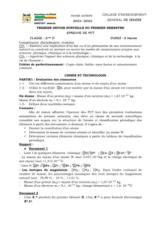 Première page de PCT 2nde D — 1er devoir surveillé, 1er semestre (2021-2022) · CEG SEKERE