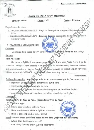 Première page de Anglais 6e — 1er devoir surveillé, 1er trimestre (2020-2021) · CPEG ROSAIRE