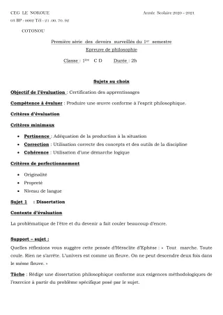 Première page de Philosophie 1ère C, 1ère D — 1er devoir surveillé, 1er semestre (2020-2021) · CEG LE NOKOUE