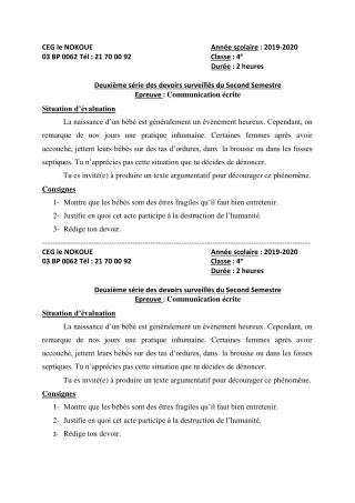 Première page de Français 4e — 2e devoir surveillé, 2e semestre (2019-2020) · CEG LE NOKOUE