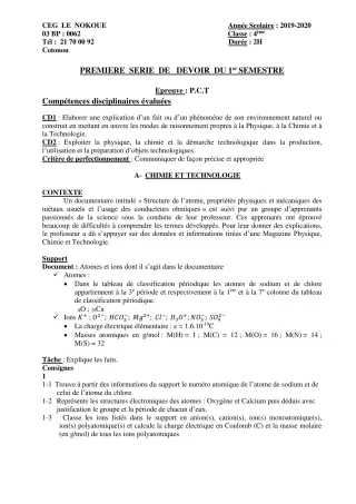 Première page de PCT 4e — 1er devoir surveillé, 1er semestre (2019-2020) · CEG LE NOKOUE
