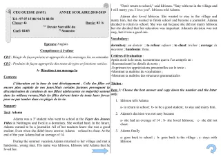 Première page de Anglais 4e, 4e ML — 1er devoir surveillé (2018-2019) · Ceg OUESSE