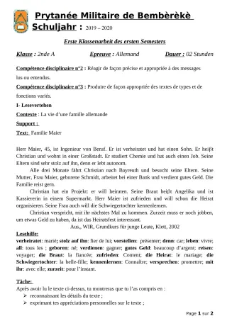 Première page de Devoir surveillé de ALLEMAND — 2nde A — PMB (2019)