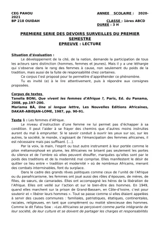 Première page de Français 1ère A1, 1ère A2, 1ère B, 1ère C, 1ère D — 1er devoir surveillé, 1er semestre (2020-2021) · CEG PAHOU