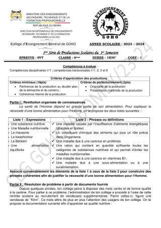 Première page de SVT 6e — 1re production scolaire, 1er semestre (2023-2024) · CEG GOHO