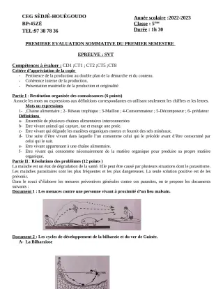 Première page de SVT 4e — 1re évaluation sommative, 1er semestre (2022-2023) · CEG Sèdjè-Houègoudo