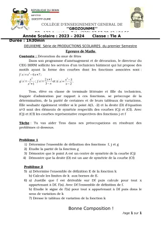 Première page de Mathématiques Tle A2 — 2e production scolaire, 1er semestre (2023-2024) · CEG GBOZOUME