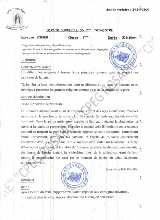 Première page de Histoire-Géographie 6e — 1er devoir surveillé (2020-2021) · CPEG ROSAIRE