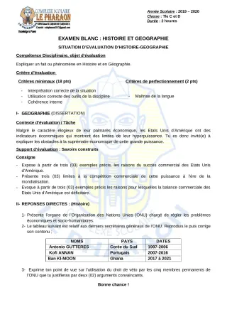 Première page de Examen Blanc de HIST-GEO — Tle C, Tle D — CPEG LE PHARAON (2019)