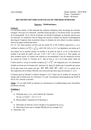 Première page de Mathématiques Tle C — Devoir surveillé, 1er semestre (2019-2020) · CEG ZOGBO