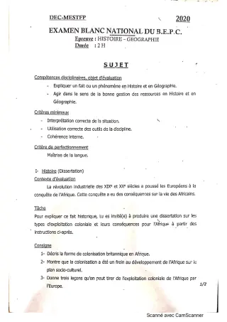 Première page de Devoir surveillé de HIST-GEO — 3e, 3e ML — CPEG PIERRE ANGULAIRE (2019)