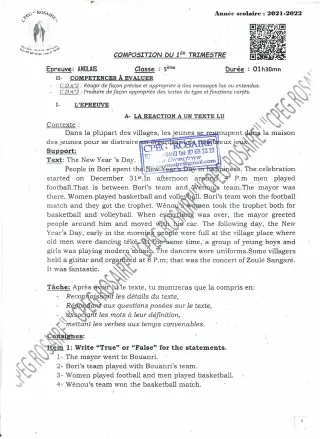 Première page de Anglais 5e — 2e composition, 1er trimestre (2021-2022) · CPEG ROSAIRE