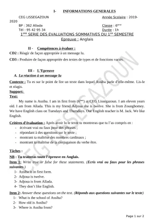 Première page de Anglais 6e, 5e, 4e, 4e ML, 3e, 3e ML, 2nde A1, 2nde D — 1re évaluation sommative, 1er semestre (2019-2020) · CEG Lissègazoun