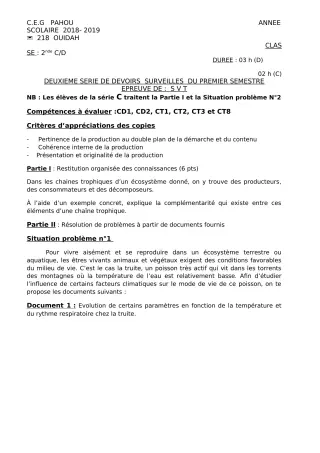 Première page de SVT 2nde C, 2nde D — 2e devoir surveillé, 1er semestre (2018-2019) · CEG PAHOU