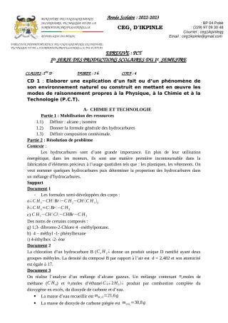Première page de PCT 1ère D — 1re production scolaire, 1er semestre (2022-2023) · CEG1 Ikpinlè