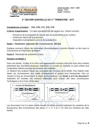 Première page de SVT Tle D — 1er devoir surveillé, 1er trimestre (2019-2020) · CPEG LE PHARAON