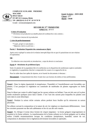 Première page de SVT 6e, 5e, 4e, 4e ML — Composition, 3e trimestre (2019-2020) · CPEG Frédéric Macaire