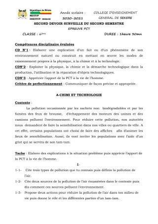 Première page de PCT 6e — 2e devoir surveillé, 2e semestre (2020-2021) · CEG SEKERE