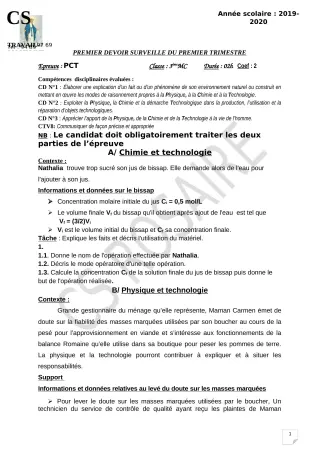 Première page de PCT 3e, 3e ML — 1er devoir surveillé, 1er trimestre (2019-2020) · CPEG ROSAIRE