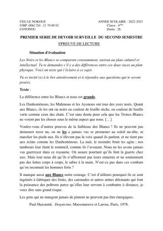 Première page de Français 4e — 1er devoir surveillé, 2e semestre (2022-2023) · CEG LE NOKOUE