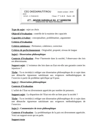 Première page de Philosophie 1ère A1, 1ère A2, 1ère B — Devoir surveillé, 2e semestre (2018-2019) · CEG OKEDAMA