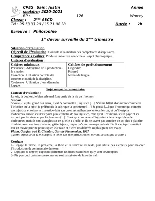 Première page de Philosophie 2nde A2, 2nde B, 2nde C, 2nde D, 1ère A1, 1ère A2, 1ère B, 1ère C, 1ère D — 1er devoir surveillé, 2e trimestre (2020-2021) · CPEG SAINT Justin